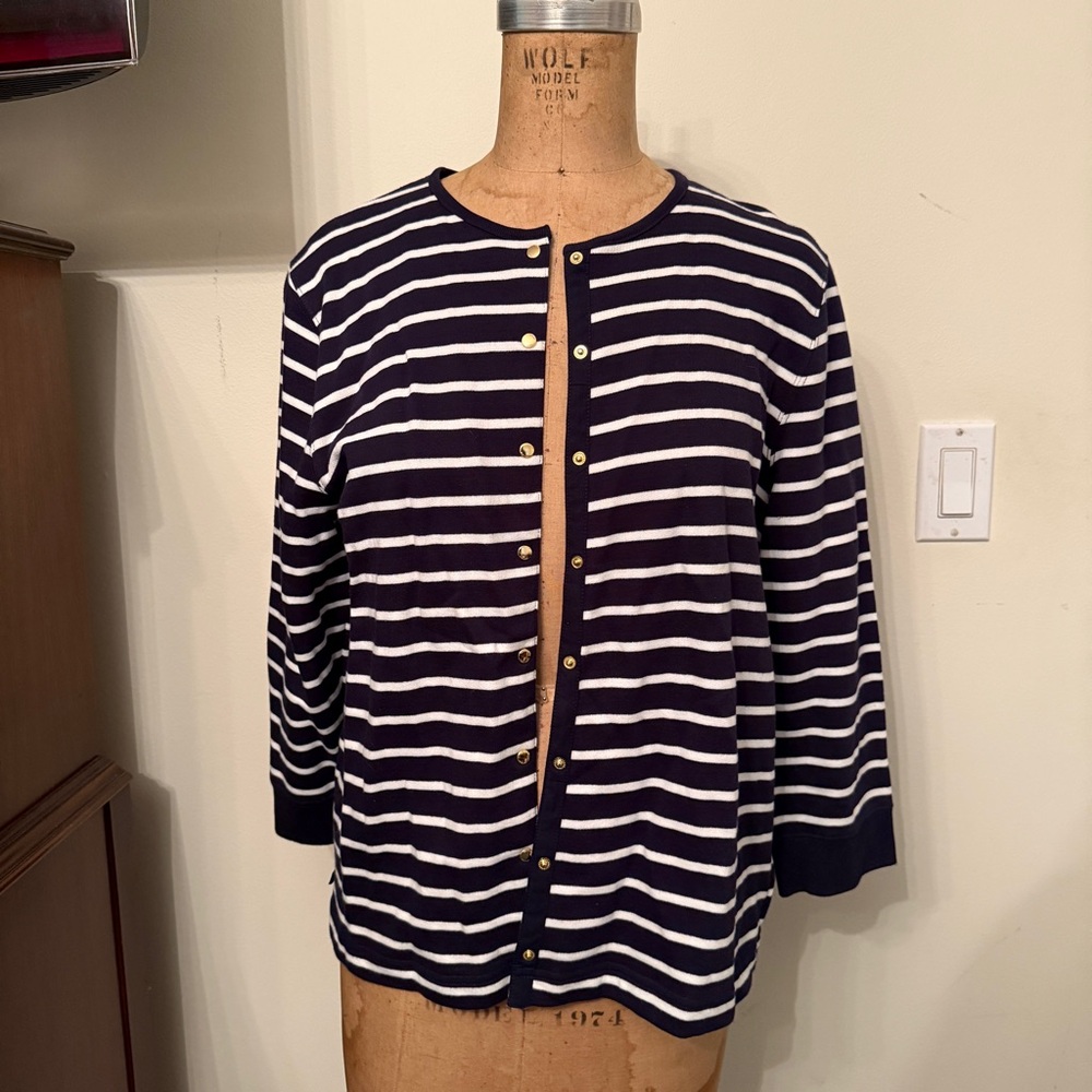 Lauren Ralph Lauren Navy White Striped 3/4 Sleeve Cardigan Sweater